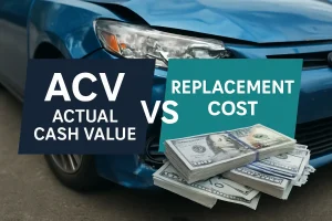 Comparison image showing a damaged blue car with labels "ACV – Actual Cash Value" and "Replacement Cost" beside stacks of money.