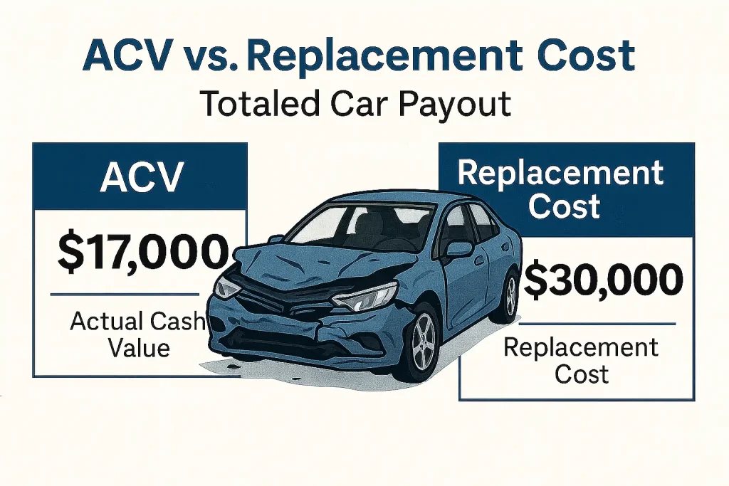 Illustration comparing a totaled car's Actual Cash Value (ACV) of $17,000 with its Replacement Cost of $30,000.