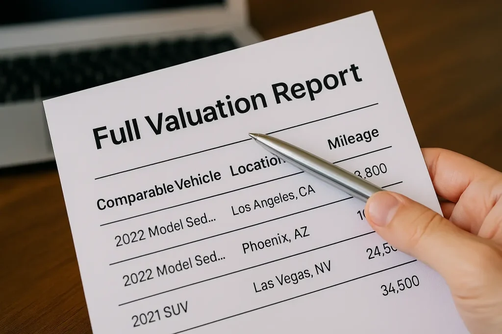 Close-up of a hand holding a valuation report listing comparable vehicles, locations, and mileage, used in ACV dispute cases.