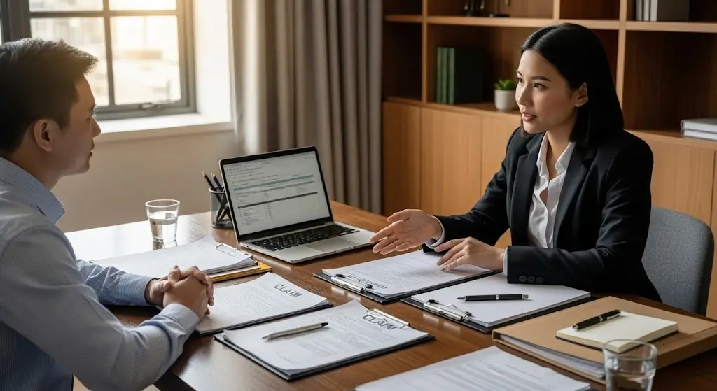An insurance or legal professional consults with a client at a desk, surrounded by documents labeled "CLAIM," symbolizing the process of seeking expert advice on the statute of limitations for insurance claims.