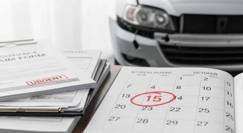 An insurance claim form with an "URGENT" stamp and a calendar with a circled date, placed in front of a damaged car, symbolizing the importance of adhering to the statute of limitations for insurance claims.
